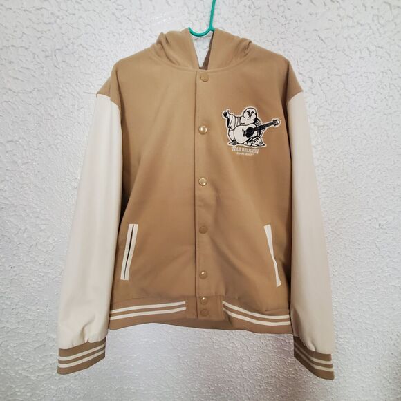 True Religion Buddha Logo Two Tone Varsity Letterman Jacket Men’s XL Leather NWT - Picture 2 of 16